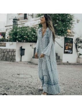 ZARA  Blue Paisley Print Drawstring Maxi Kaftan Dress coastal summer blog fav